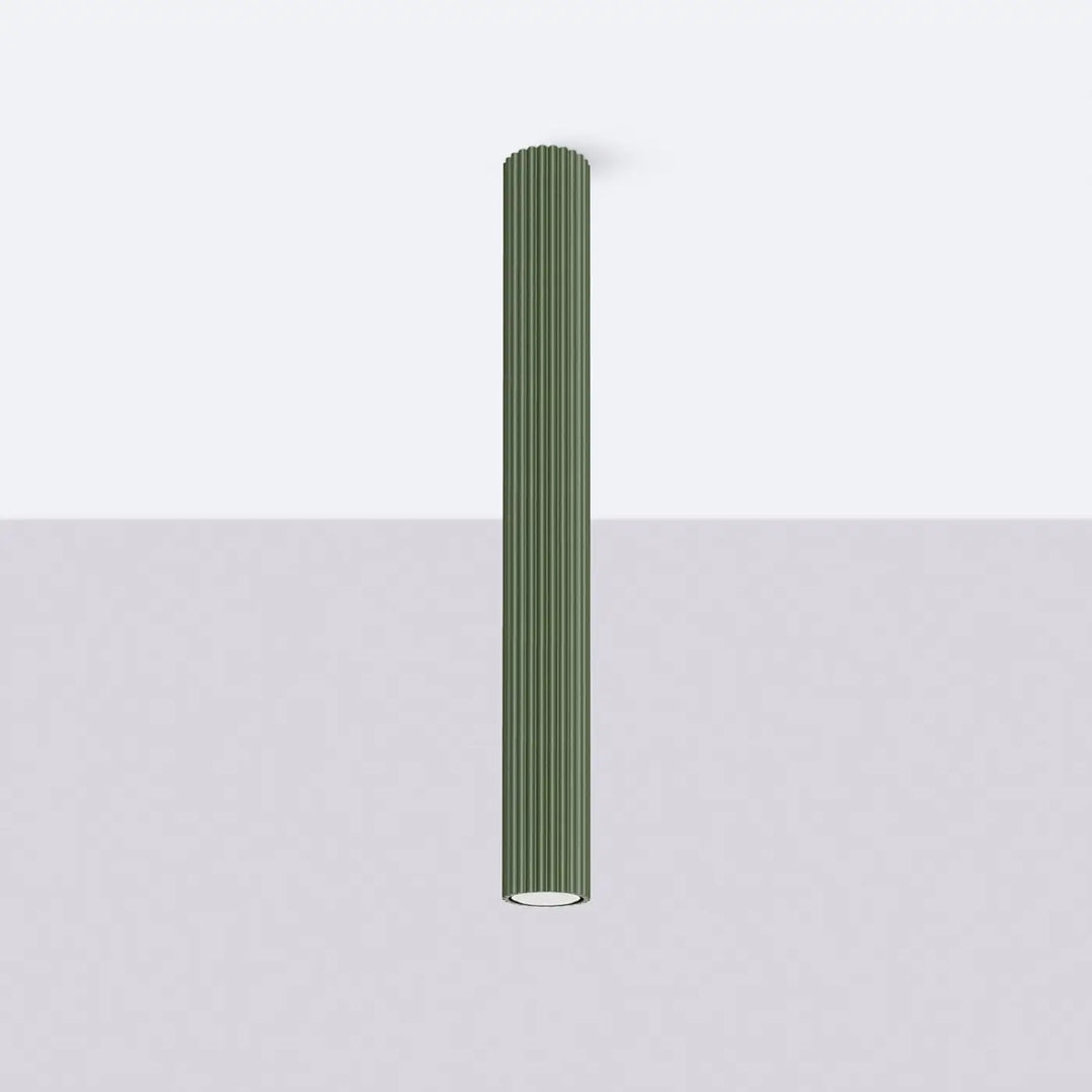 Plafonnier tube Karbon vert olive en aluminium cannelé, éteint