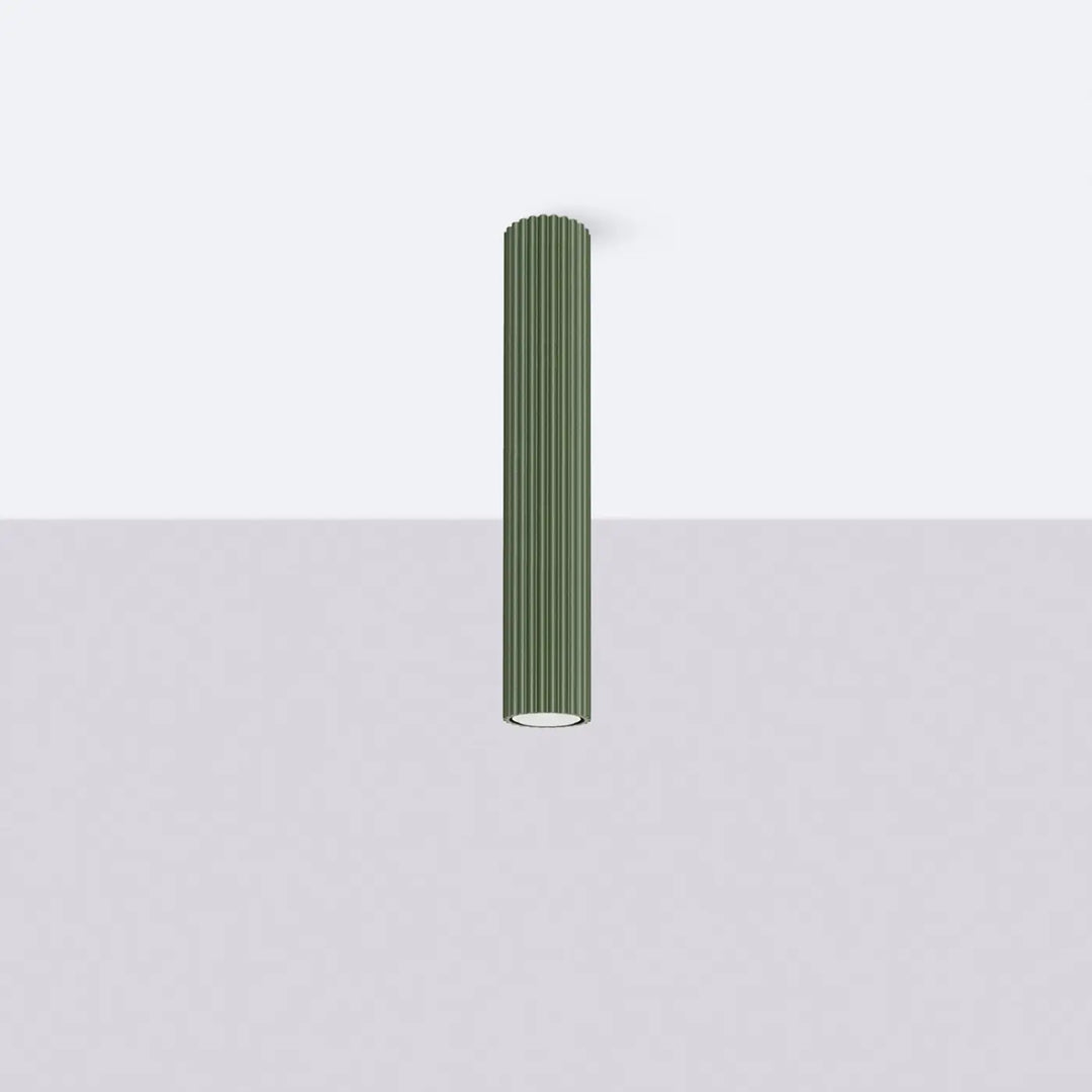 Plafonnier tube Karbon vert olive en aluminium cannelé, éteint