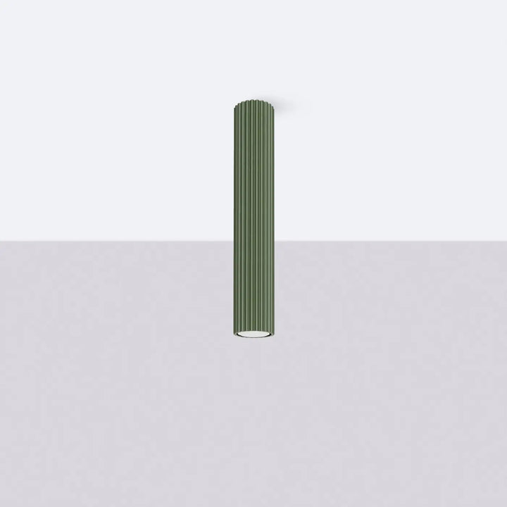 Plafonnier tube Karbon vert olive en aluminium cannelé, éteint