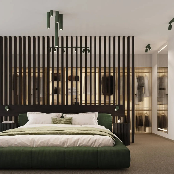 Plafonnier tube Karbon vert olive dans un intérieur contemporain