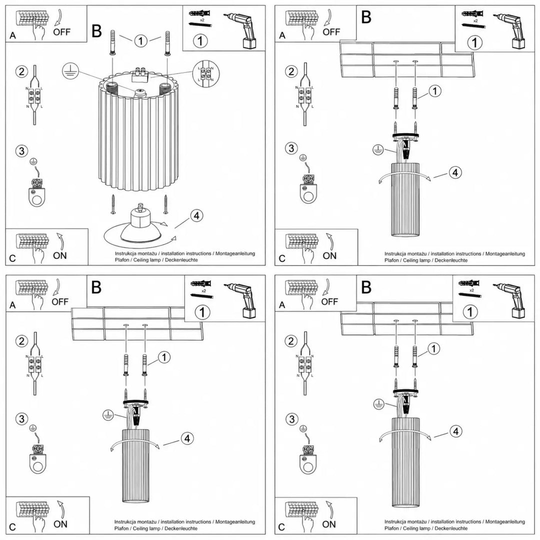 Luminaire plafonnier karbon tube en schéma installation noir et blanc avec ampoule gu10 et cinq hauteurs possible
