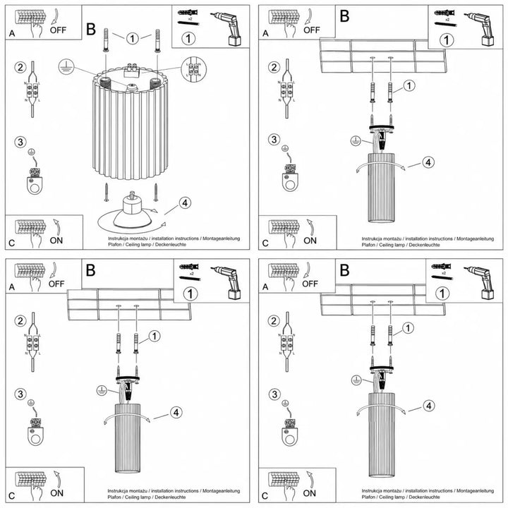 Luminaire plafonnier karbon tube en schéma installation noir et blanc avec ampoule gu10 et cinq hauteurs possible