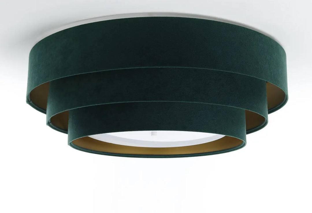 Plafonnier vert en velours sombre avec finition dorée chic aux bords intérieurs dorés en plusieurs niveaux