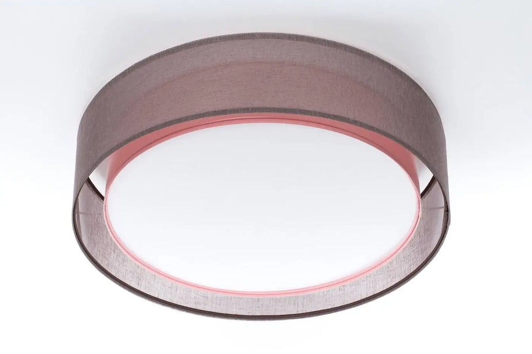 Luminaire plafonnier puro violet design rond avec abat-jour en tissu gris texturé et bord intérieur rose pâle