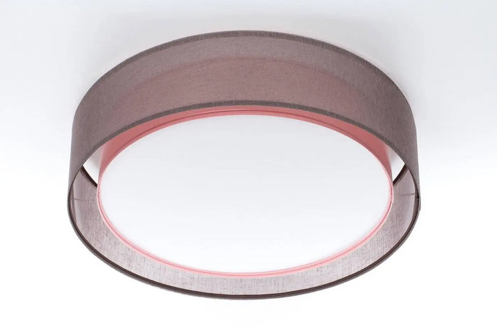 Luminaire plafonnier puro violet design rond avec abat-jour en tissu gris texturé et bord intérieur rose pâle