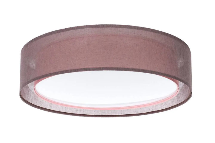 Luminaire plafonnier violet design rond avec abat-jour en tissu mauve et bord intérieur rose pâle doux