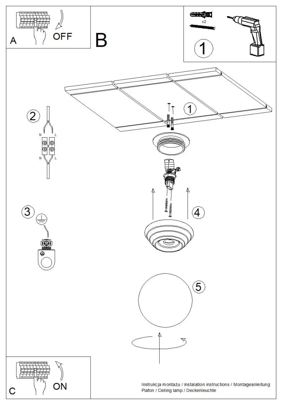 Diagramme de montage de lampe zori plafonnier blanc ip44 avec matériel de fixation pour belle décoration et qualités esthétiques