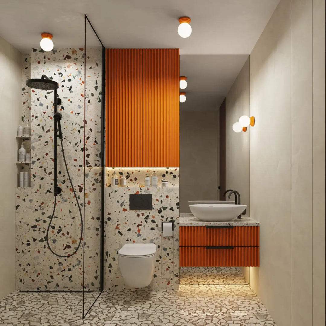 Plafonnier zori orange ip44 avec lampe zori et belle décoration en bois à lattes verticales et qualités esthétiques