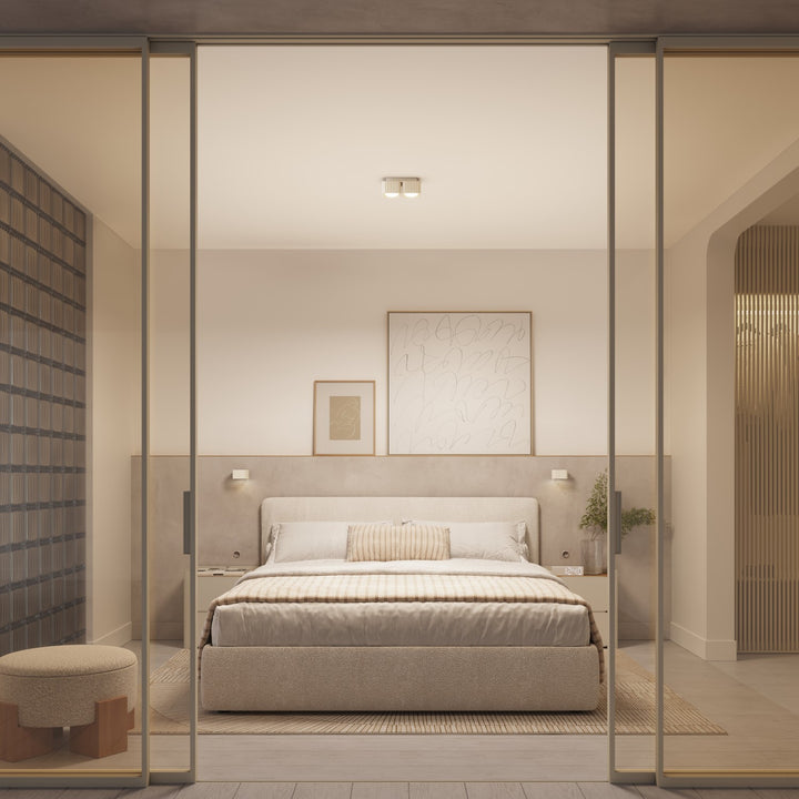 Plafonnier Riff beige carré en aluminium au plafond d'une chambre