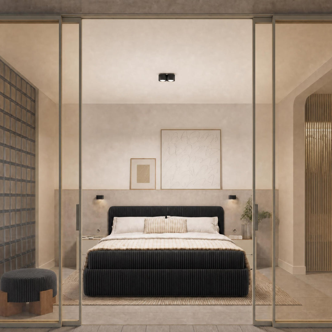 Plafonnier Riff noir carré en aluminium au plafond d'une chambre