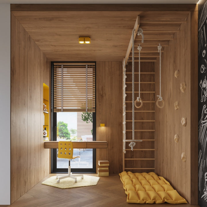 Plafonnier Riff jaune carré en aluminium au plafond d'une chambre