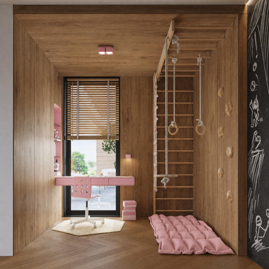 Plafonnier Riff rose carré en aluminium au plafond d'une chambre