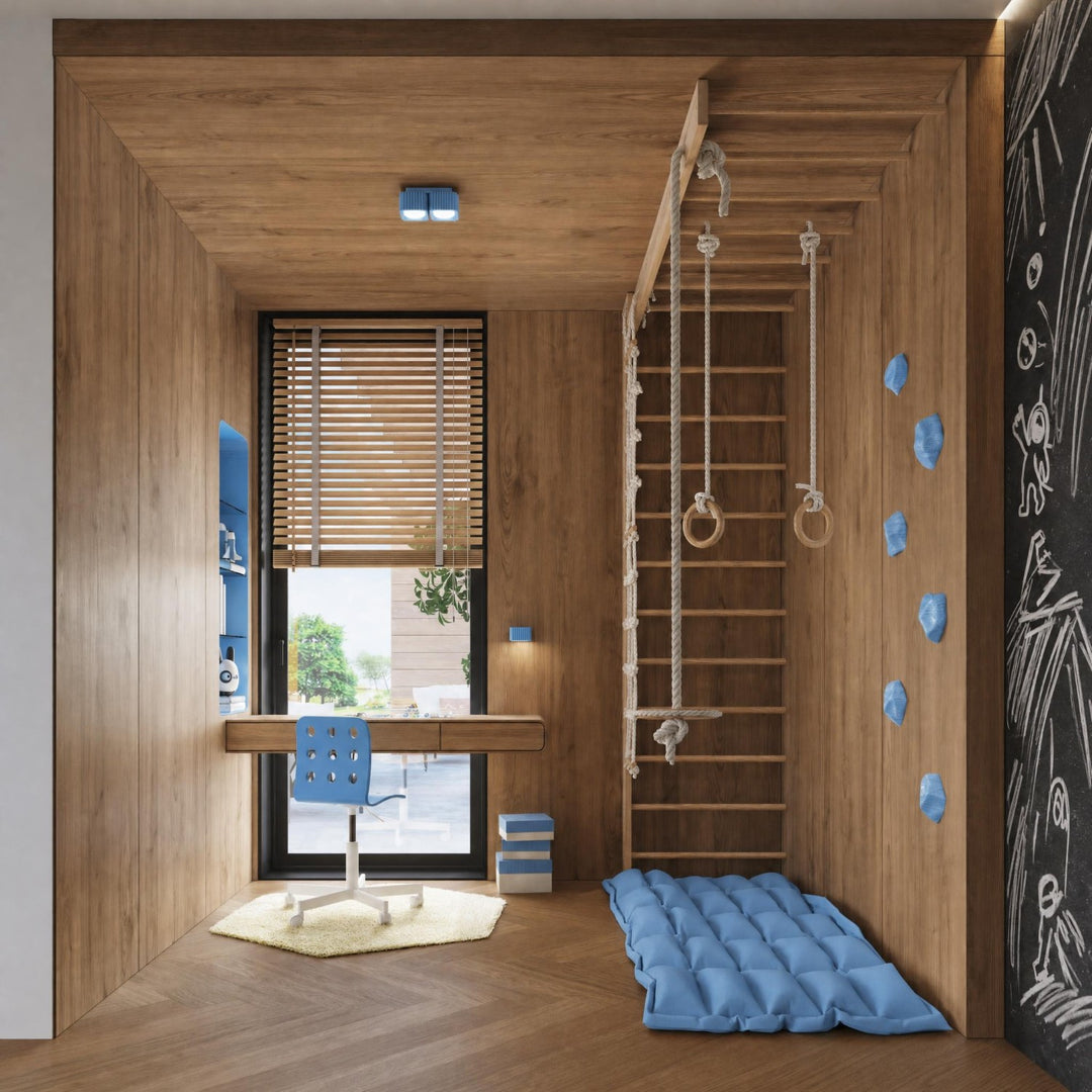 Plafonnier Riff bleu azur carré en aluminium au plafond d'une chambre