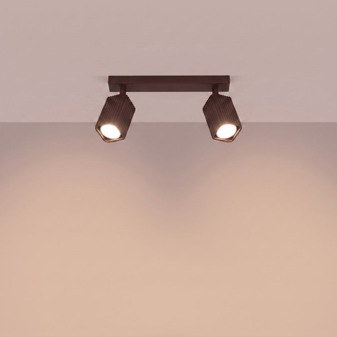 Plafonnier Rayo marron en rampe à spots orientables, allumé