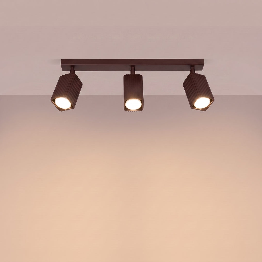 Plafonnier Rayo marron en rampe à spots orientables, allumé
