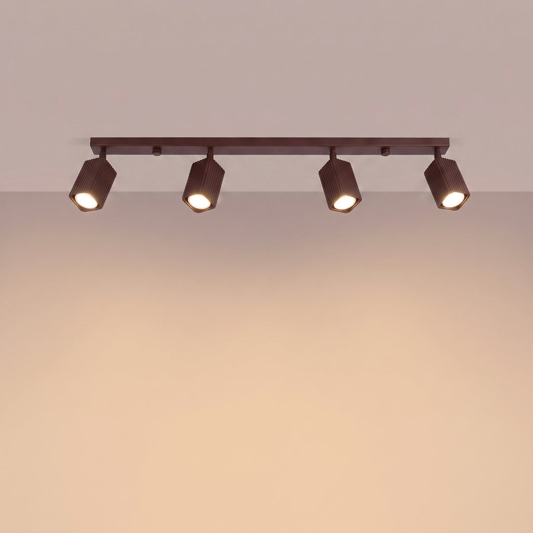 Plafonnier Rayo marron en rampe à spots orientables, allumé