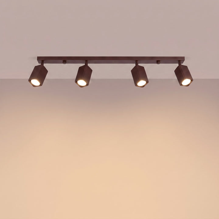 Plafonnier Rayo marron en rampe à spots orientables, allumé