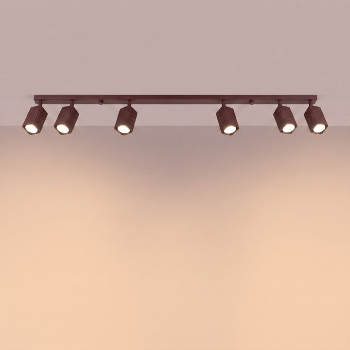 Plafonnier Rayo marron en rampe à spots orientables, allumé
