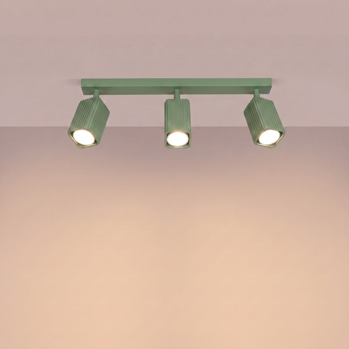 Plafonnier Rayo sauge en rampe à spots orientables, allumé