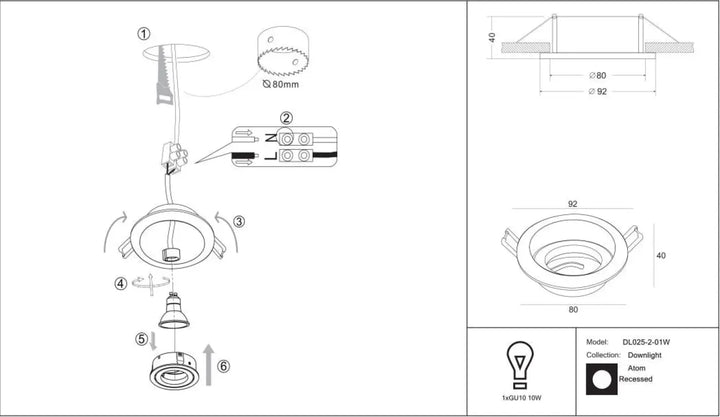 Spot encastrable atom dl025-2.01w rond pour faux plafond avec tête pivotante et douille gu10 intégrée