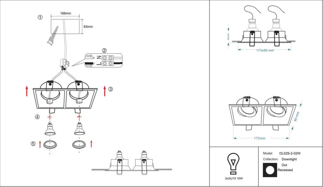 Spot encastrable double dot avec double éclairage led 10w dans un boîtier carré moderne et épuré