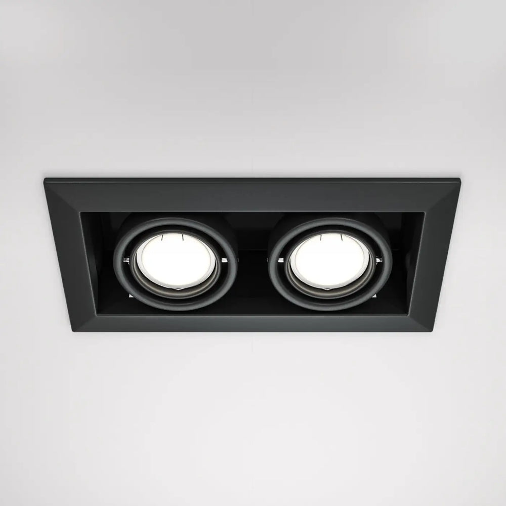 Spot metal modern double carré éclairage encastré rectangulaire noir avec deux ampoules circulaires éclairées