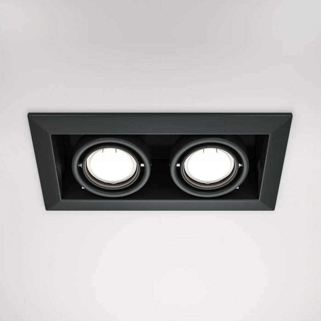 Spot metal modern double carré éclairage encastré rectangulaire noir avec deux ampoules circulaires éclairées