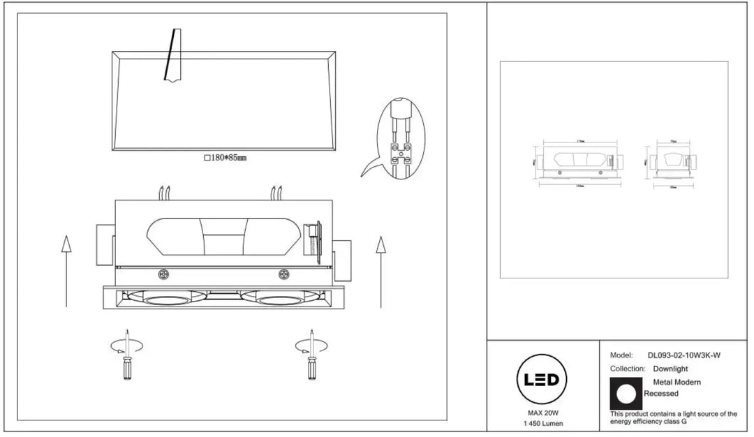 Spot metal modern double led downlight métallique encastré moderne 180mm x 55mm avec design sleek