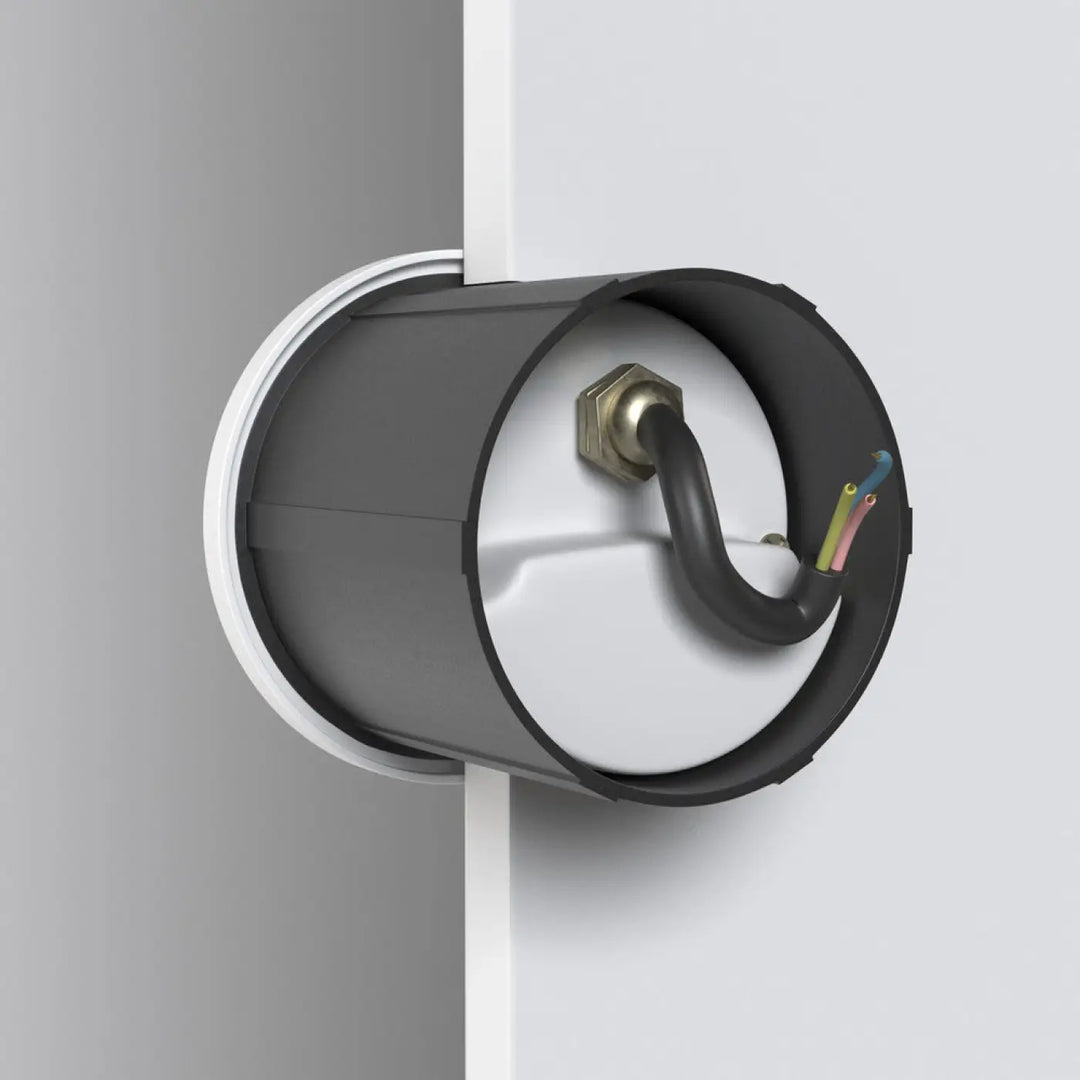 Vue arrière d une balise ronde noire et blanche avec fils électriques colorés et connecteur métallique pour spot encastrable lock led