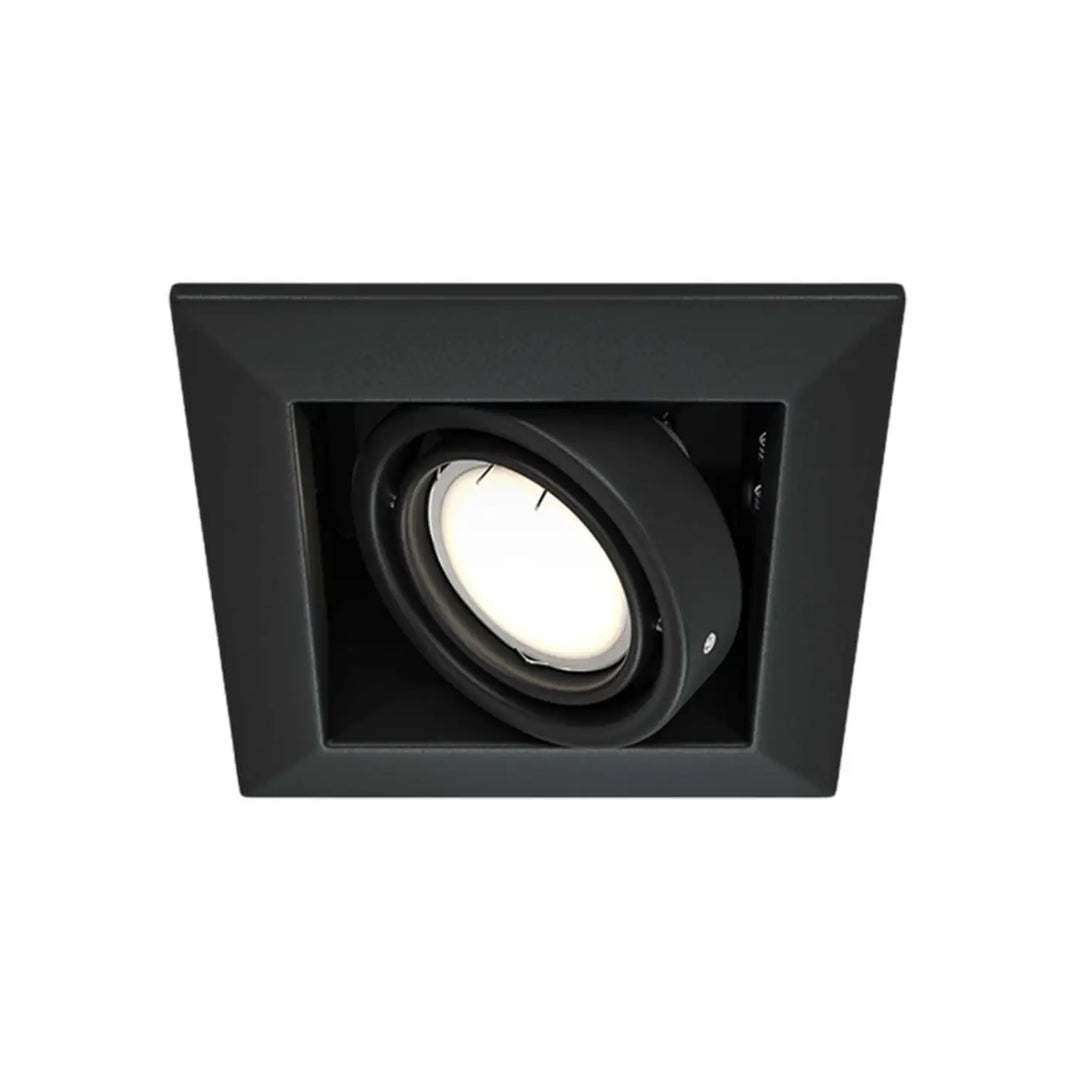 Spot metal modern carré en acier noir avec tête circulaire orientable émettant une lumière blanche chaude