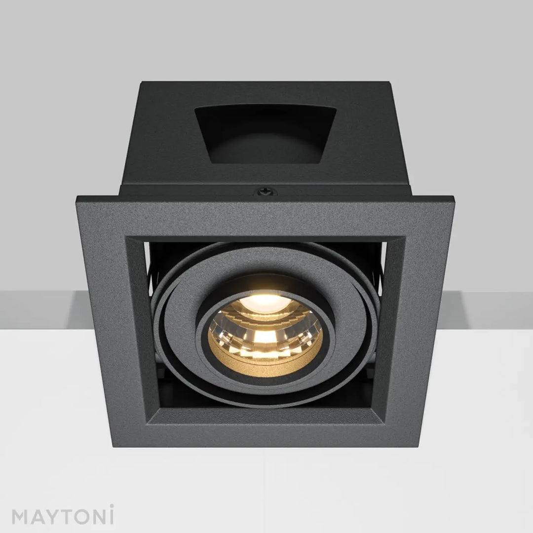 Spot metal modern led carré noir avec spot encastré, ampoule chaude et anneaux concentriques métalliques