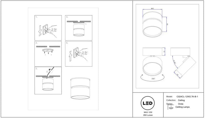 Spot onda led disque rétractable c024cl-12w2.7k-b-1 cylindre blanc rotatif 350° 12w spot encastrable