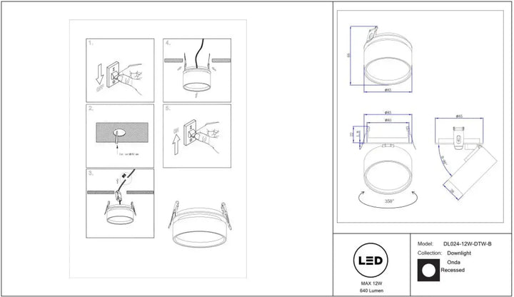 Spot onda led encastrable dl024-12w-dtw-b avec design rétractable dim to warm blanc pour éclairage intérieur
