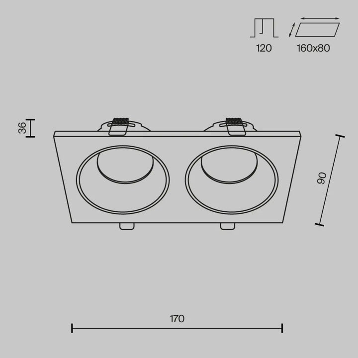 Luminaire encastré rectangulaire spot zoom double avec deux supports circulaires pour installation au plafond