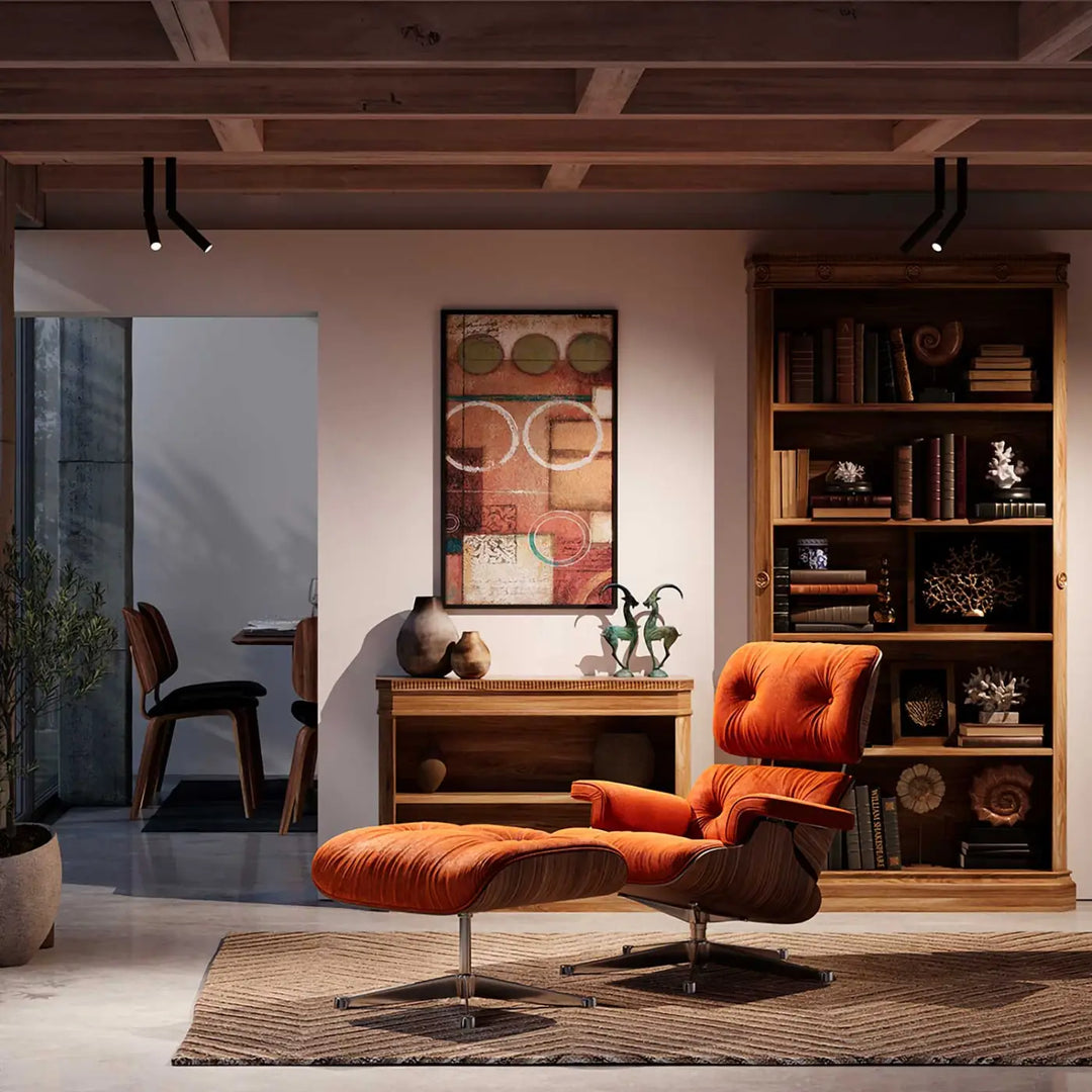 Orange fauteuil lounge Spot focus avec dossier tête directionnelle, structure bois et base chrome tube fin