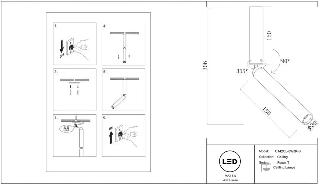 Spot focus led ceiling lamp modèle c143cl-6w/3k-b tube fin cylindrique collection focus t blanche