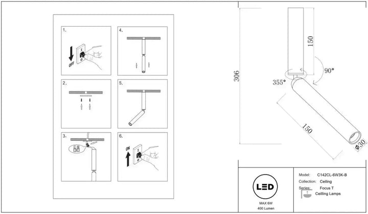 Spot focus led ceiling lamp modèle c143cl-6w/3k-b tube fin cylindrique collection focus t blanche