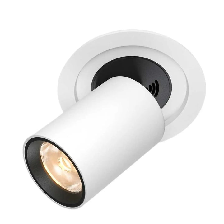 Spot hidden led rétractable en acier noir avec spot encastré blanc cylindrique et ampoule led visible