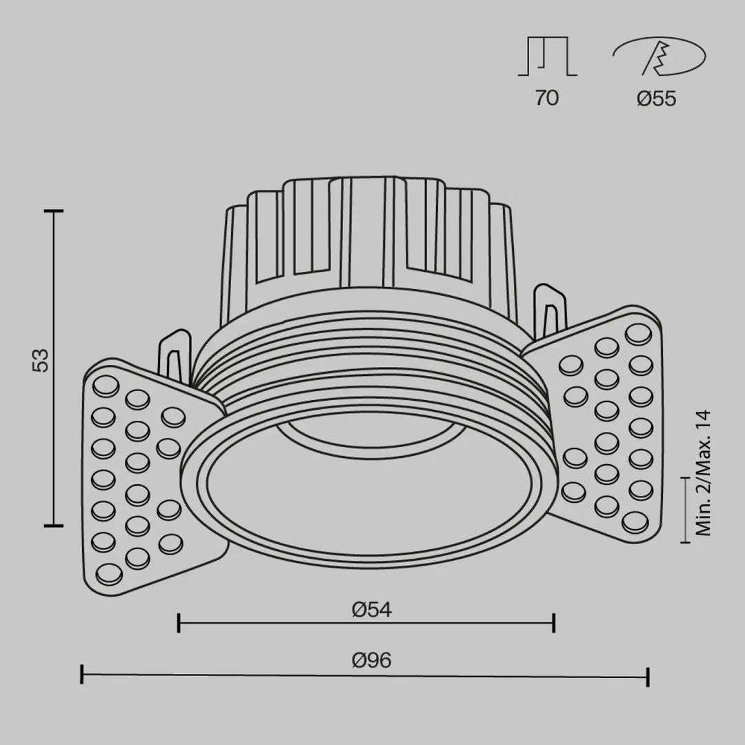 Modern spot led encastré round compact blanc chaud avec boîtier métallique nervuré et supports de montage réglables