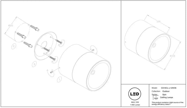 Spot spin lampe led orientable d’extérieur avec design cylindrique modèle o310cl-l12w3k pour plafond