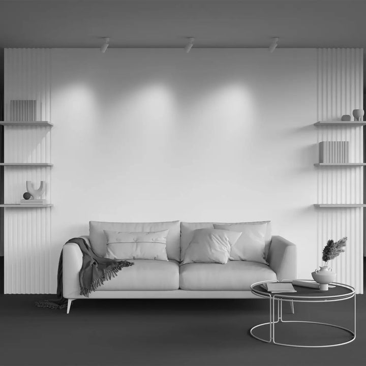 Minimalist white sofa spot orientable calipso with clean lines and soft cushions in cylindre cannelé design