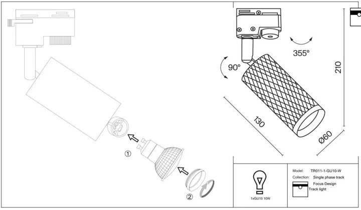 Spot orientable focus design tr011-1-gu10-w avec tête texturée en mesh diamant et rotation 355 degrés