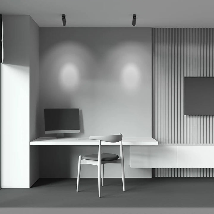 Minimalist white desk with integrated storage compartments featuring spot focus led éclairage d’accent version dimmable