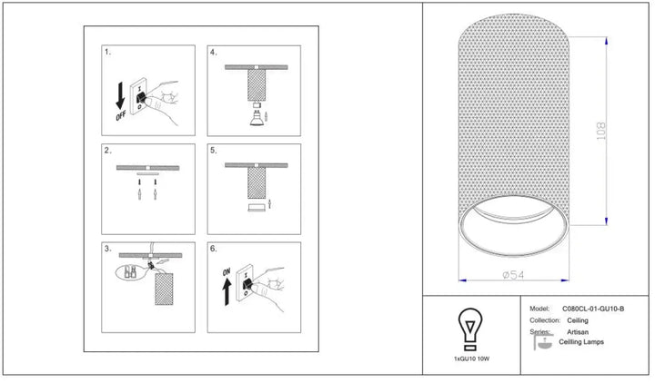 Spot artisan c08bcl-01 gu10 plafond avec corps cylindrique en aluminium texturé perforé et culot gu10 intégré