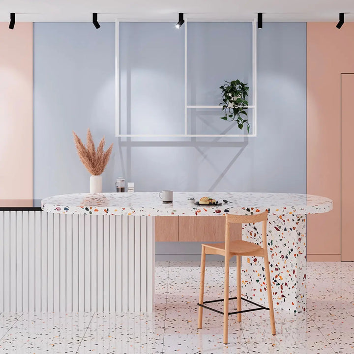 Comptoir terrazzo spot dafne avec surface blanche mouchetée et base assortie pour saillie dafne led aluminium noir