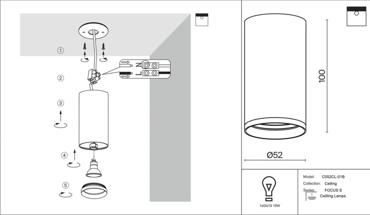 Spot focus petit cylindre cylindre lumineux minimaliste 100 mm hauteur ø52 mm diamètre pour lumière dirigée