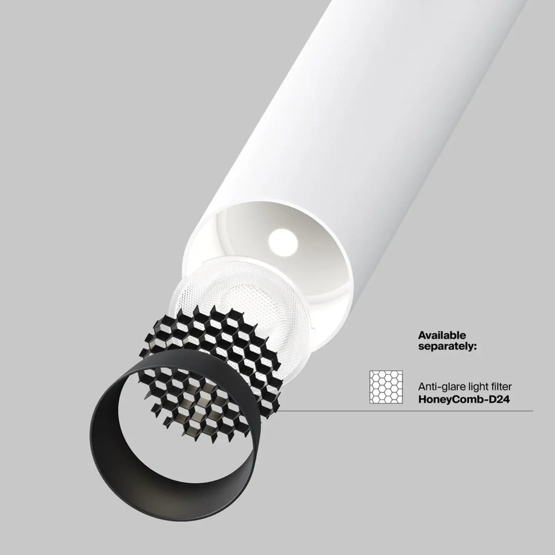 Spot focus t led tube ultra-fin blanc cylindrique avec filtre anti-éblouissement nid d’abeille noir base ronde