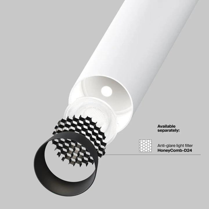 Spot focus t led tube ultra-fin blanc cylindrique avec filtre anti-éblouissement nid d’abeille noir base ronde
