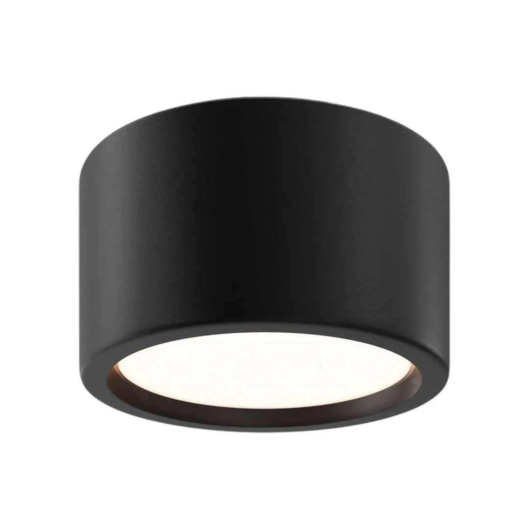 Spot hydra led cylindre noir mat avec indice ip44 émettant une lumière douce blanche en saillie au plafond