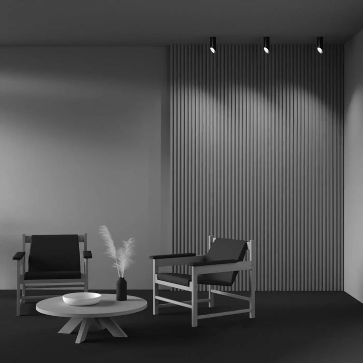 Minimalist wooden armchairs with dark fabric seats and backs from spot lipari long cylindre collection with acier noir accents